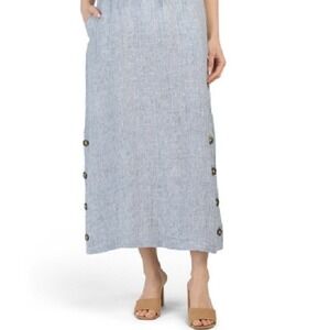 Tahari 100% Linen Gauzey Midi Skirt Women's Size L Light Blue‎ Buttons Pockets